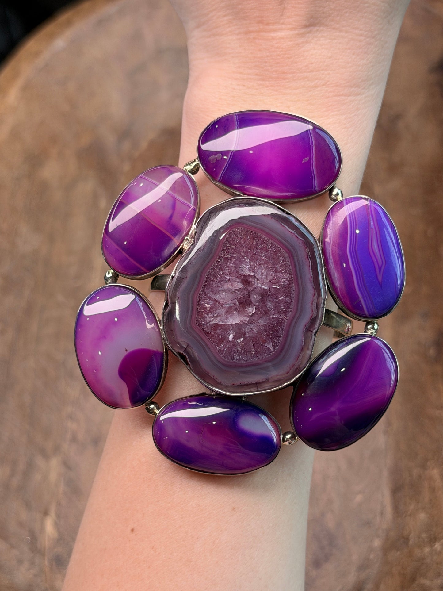 German Silver Purple Banded Agate and Solar Quartz Cuff