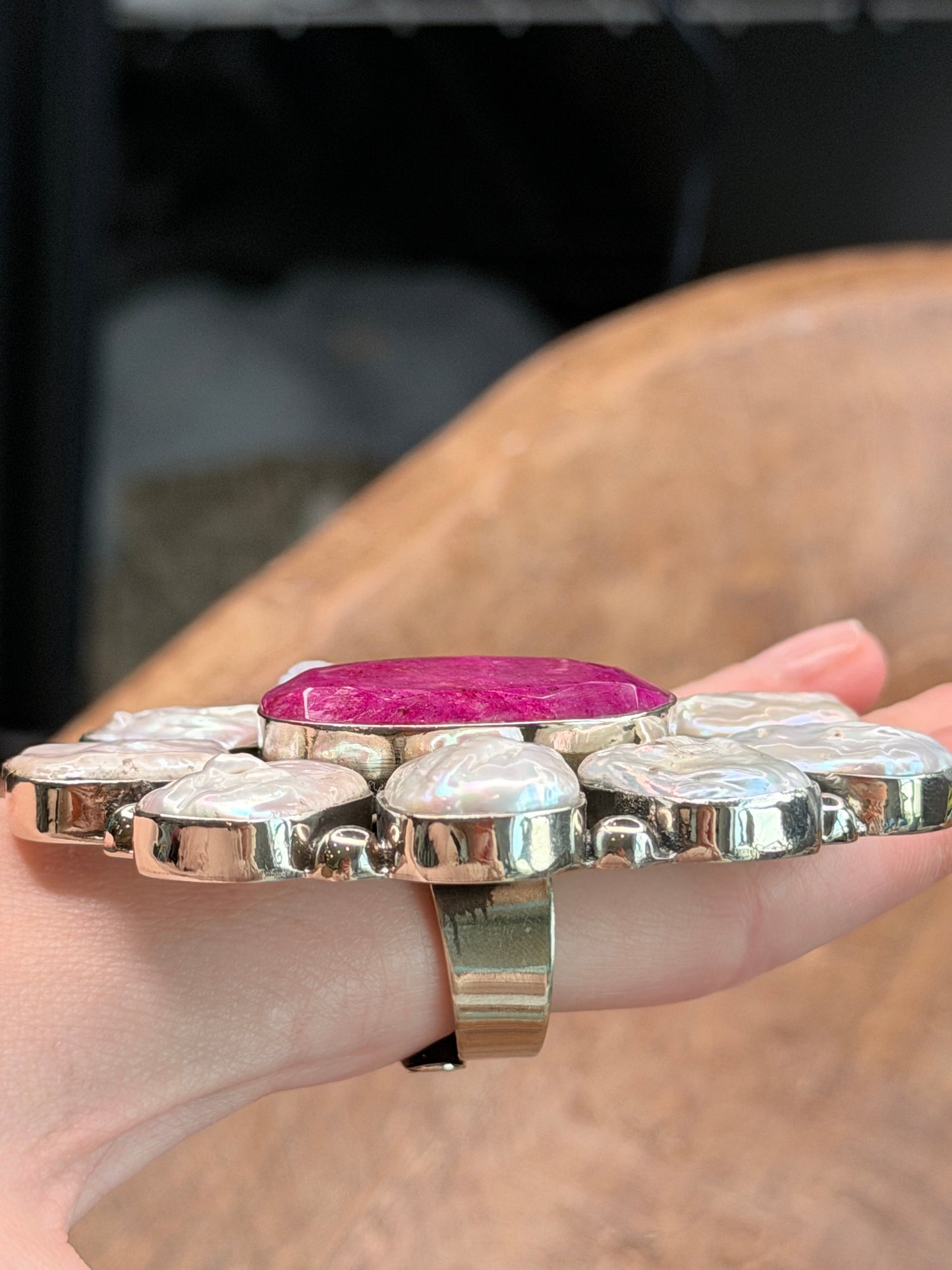 Large German Silver Pearl and Pink Ruby Cluster Ring