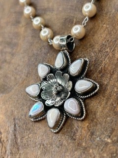 Tibetan Silver Mother of Pearl Flower Necklace