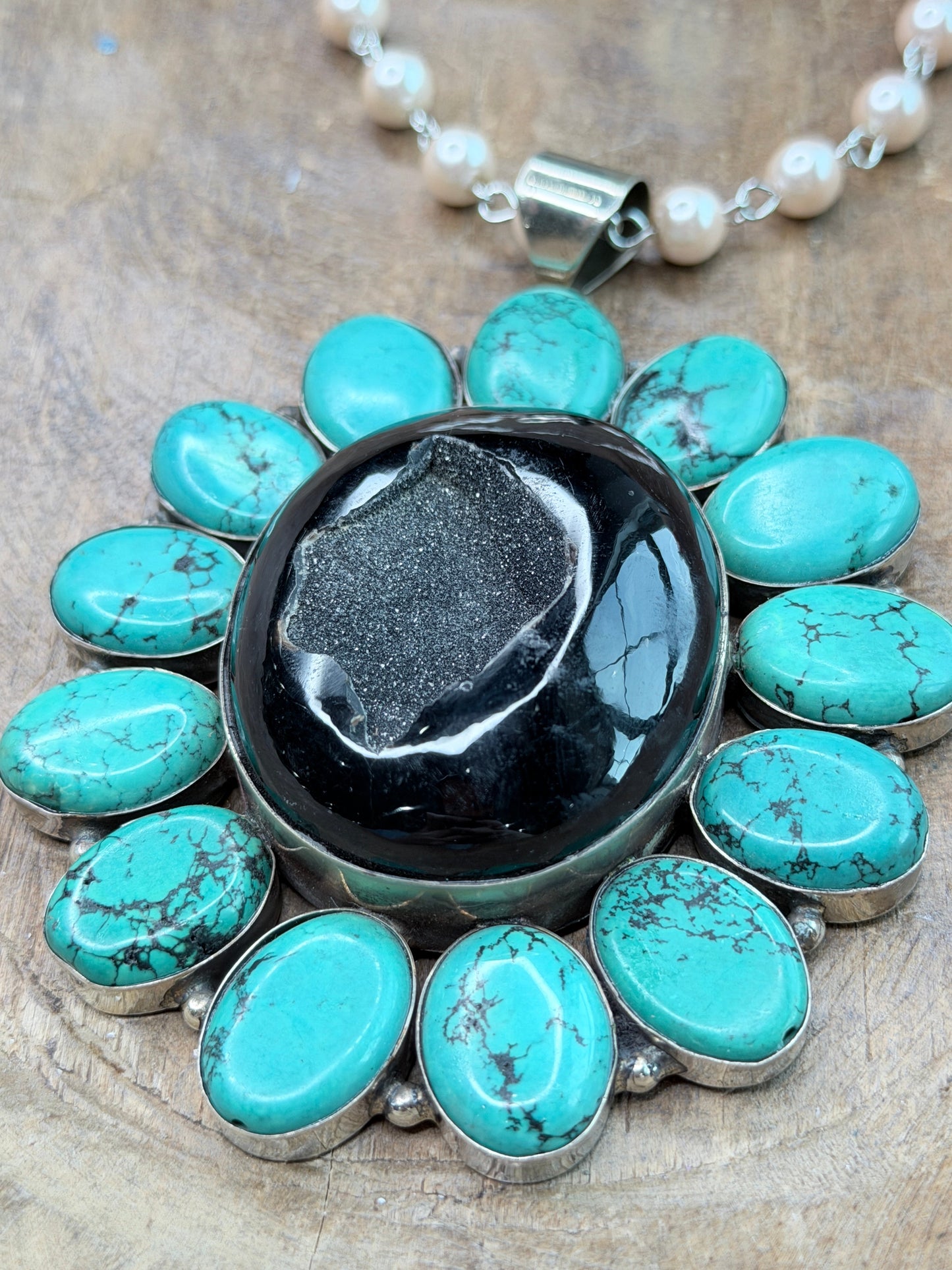 German Silver Turquoise and Druzy Black Agate Necklace