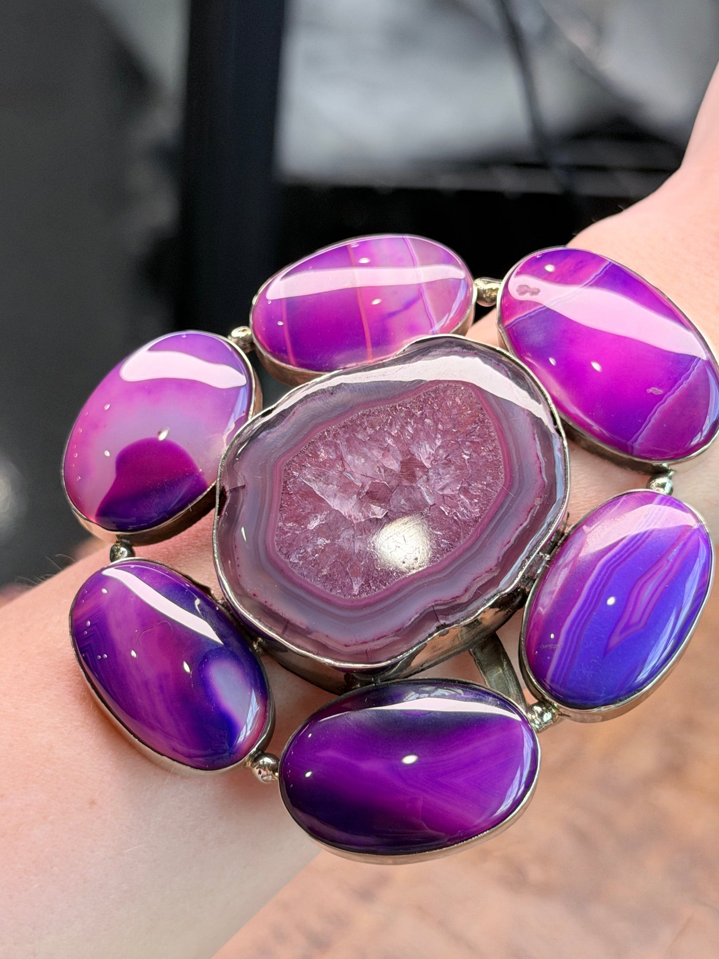 German Silver Purple Banded Agate and Solar Quartz Cuff
