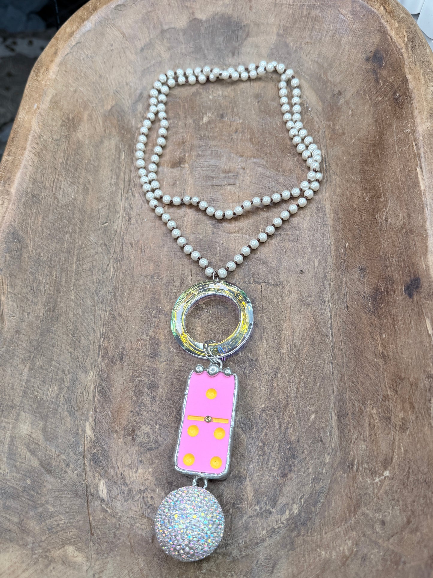 Pink Iridescent Domino and Disco Ball Necklace