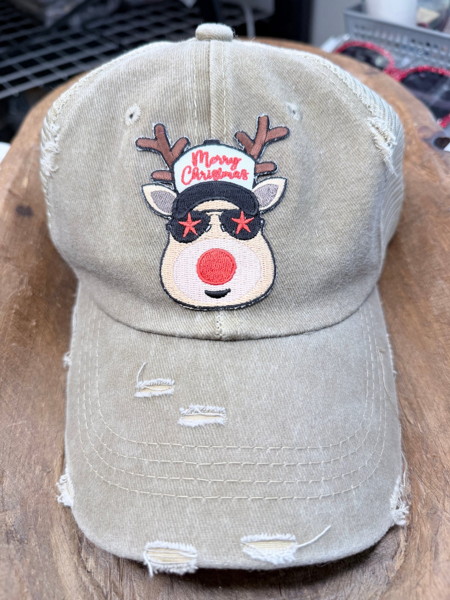 Merry Christmas Reindeer Patch Ball Cap/Hat (Tan) - ERR ORIGINAL