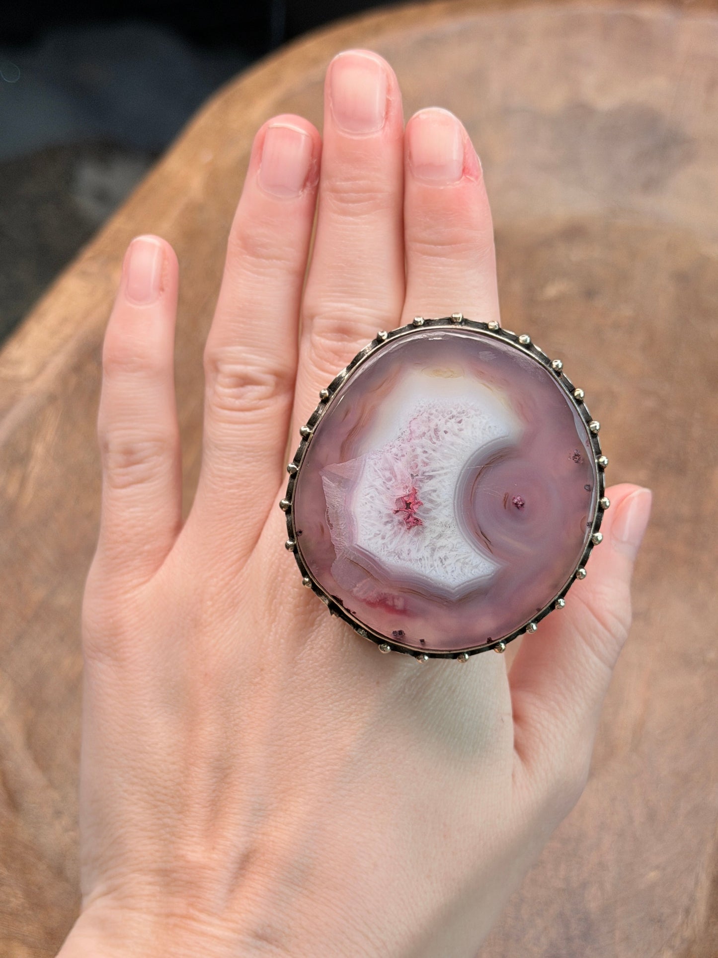 German Silver Pink Banded Agate Circle Ring
