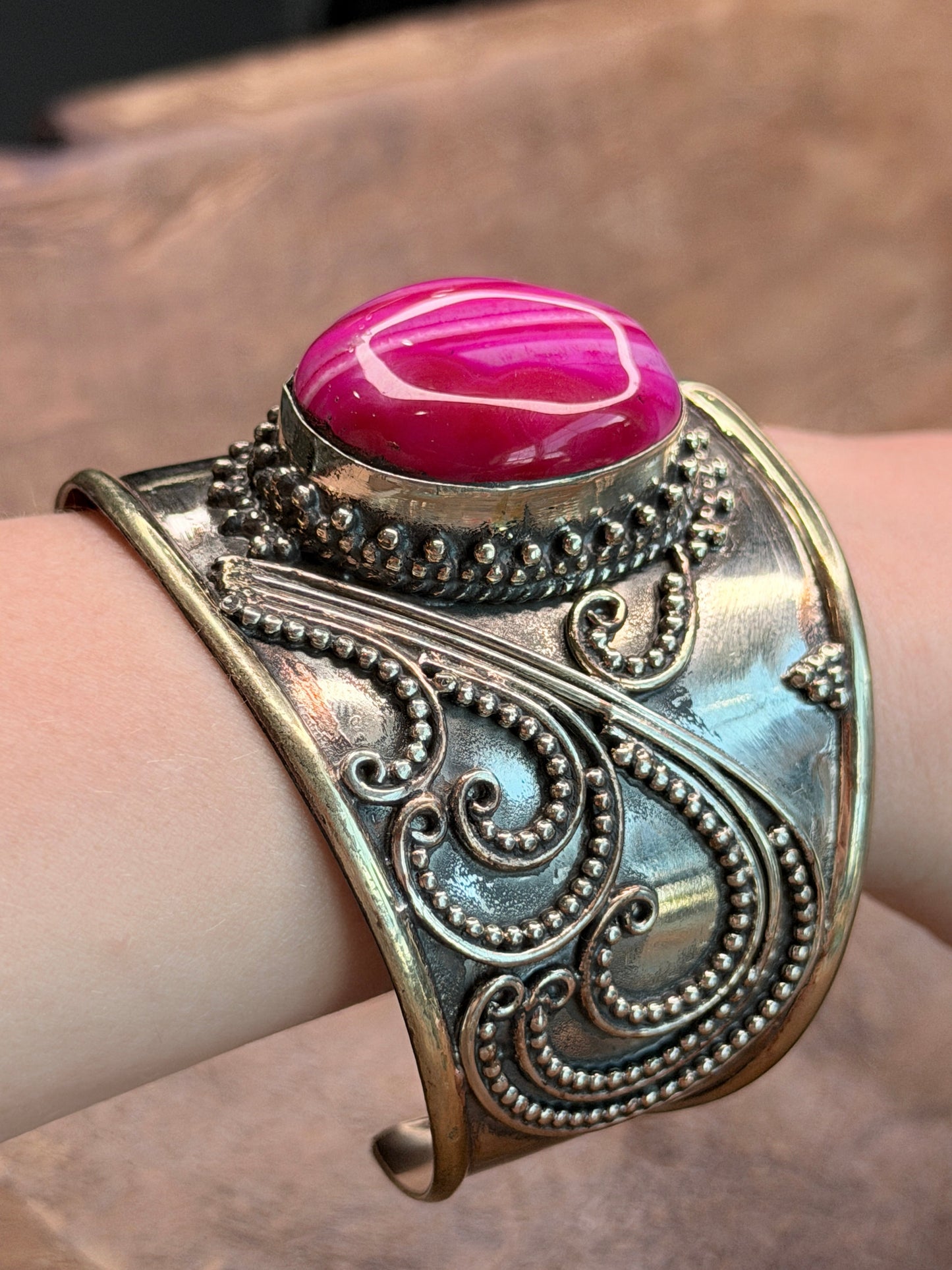 German Silver Pink Banded Agate Cuff