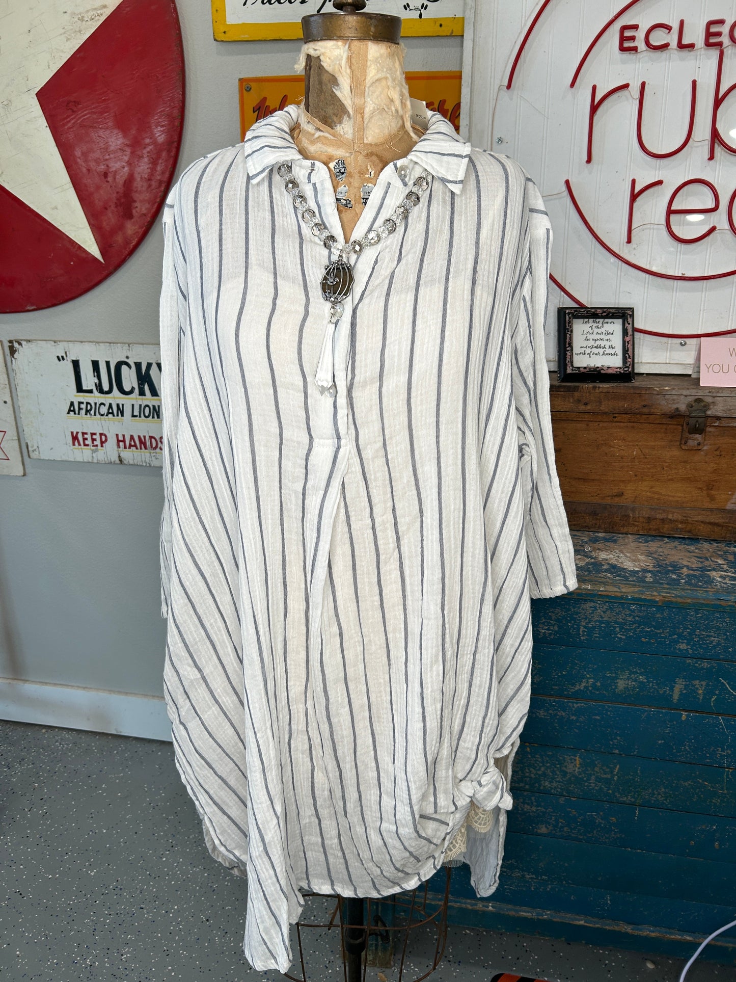 FINAL SALE! Paper Lace- Hi-Low Striped Collared Long Sleeve Dress