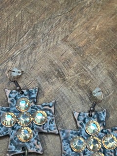 Art by Amy-Rhinestone Brassy Metal Cross Earrings