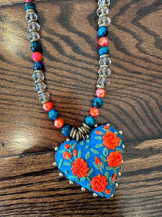 Rare Bird- Embroidered Heart Necklace