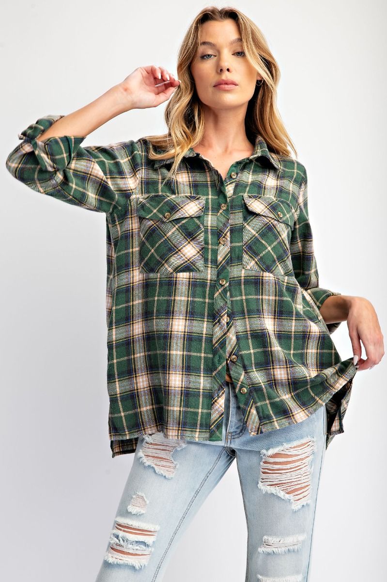 Easel- Acid Wash Button Down Plaid (Pine Green)