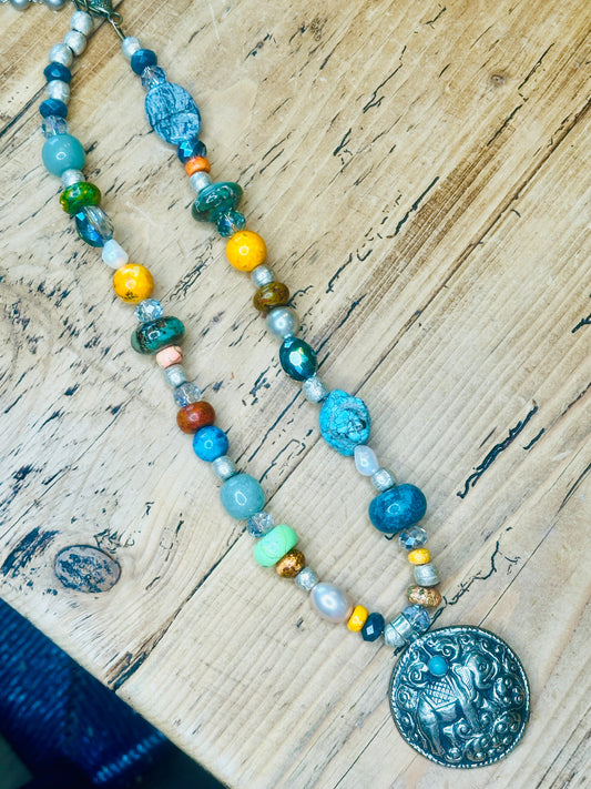 REVERSIBLE TIBETAN ELEPHANT NECKLACE SEMI PRECIOUS STONE NECKLACE -AN ERR ORIGINAL DESIGN