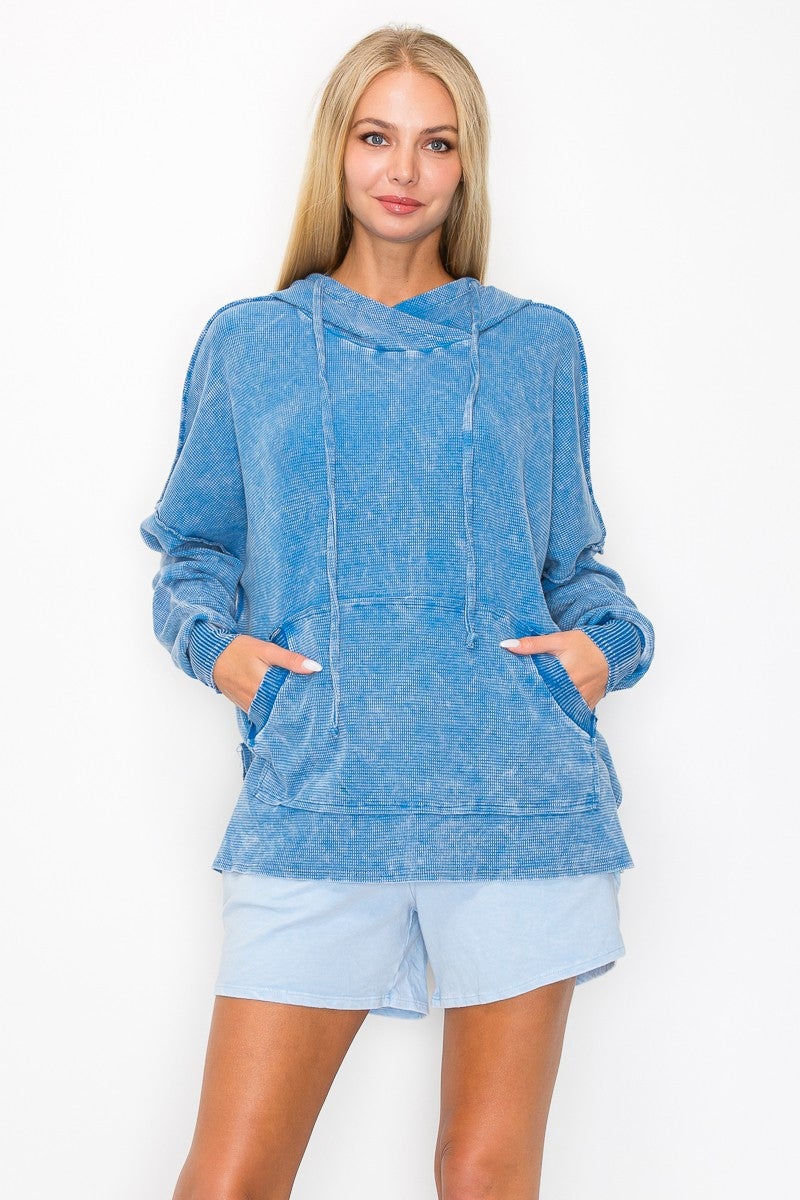 Mineral Wash Thermal Hoodie with Kangaroo Pocket (Blue)