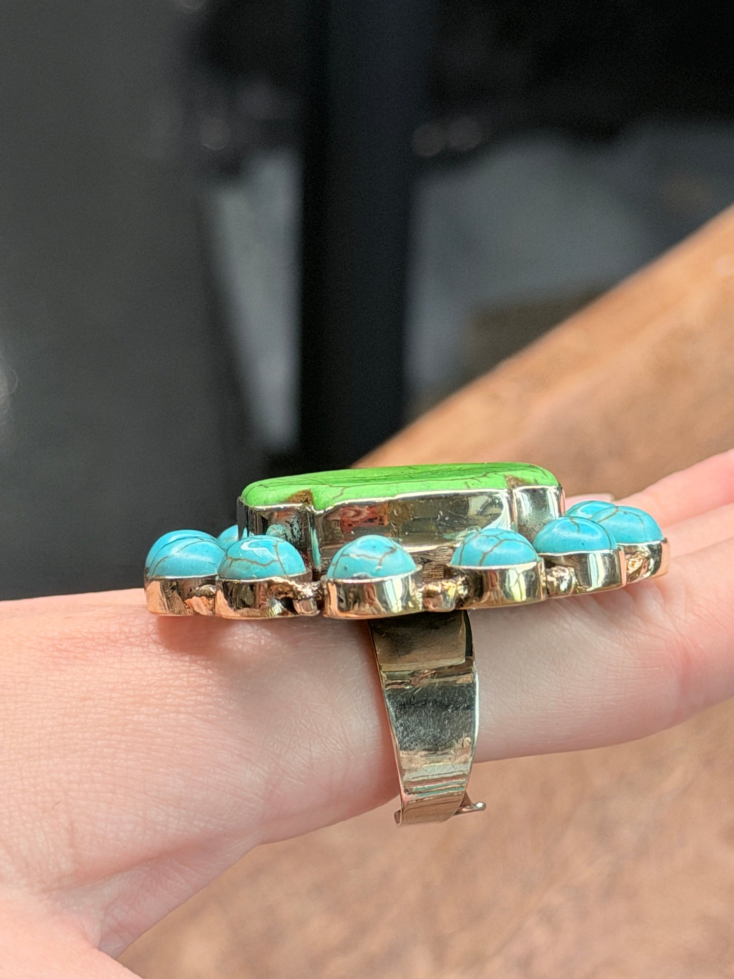 German Silver Green Howlite and Turquoise Ring