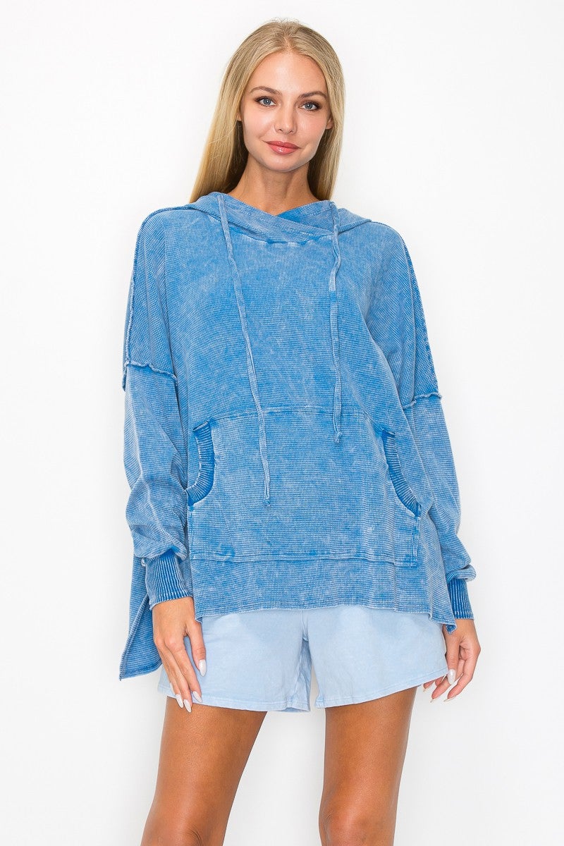 Mineral Wash Thermal Hoodie with Kangaroo Pocket (Blue)