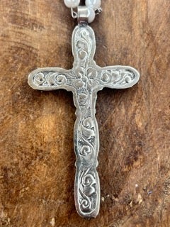 Tibetan Silver Mother of Pearl Long Cross Necklace