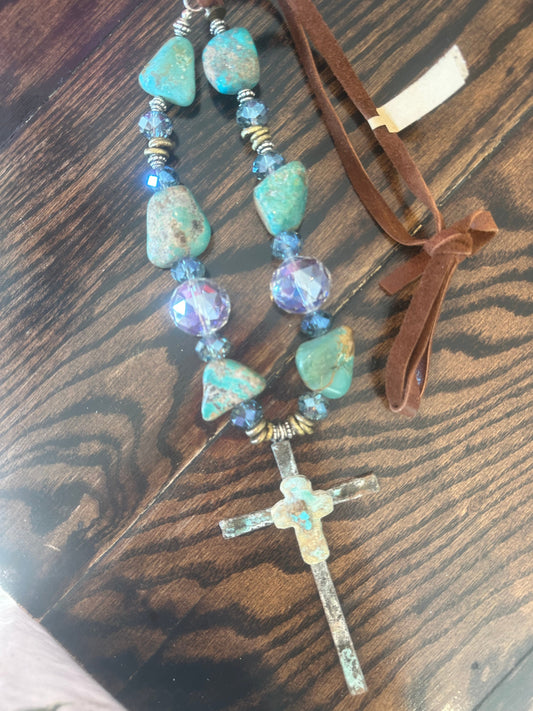 Rare Bird- Metal Cross with Turquoise Beaded Necklace