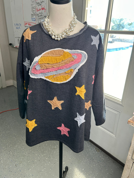 FINAL SALE Paper Lace- Planet and Stars Top (CHARCOAL)