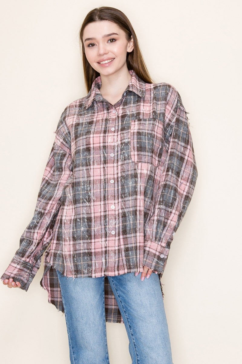 White Birch- Long Sleeve Paid Knit Shacket (Pink) *Final Sale*