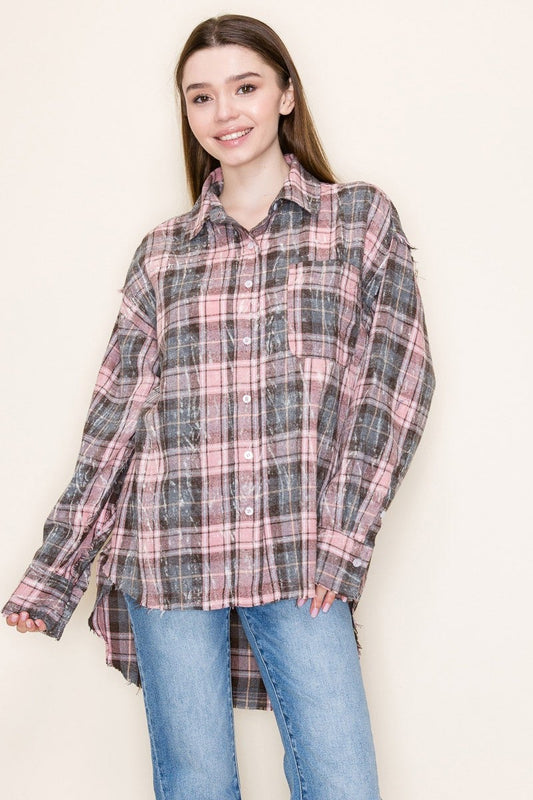White Birch- Long Sleeve Paid Knit Shacket (Pink) *Final Sale*