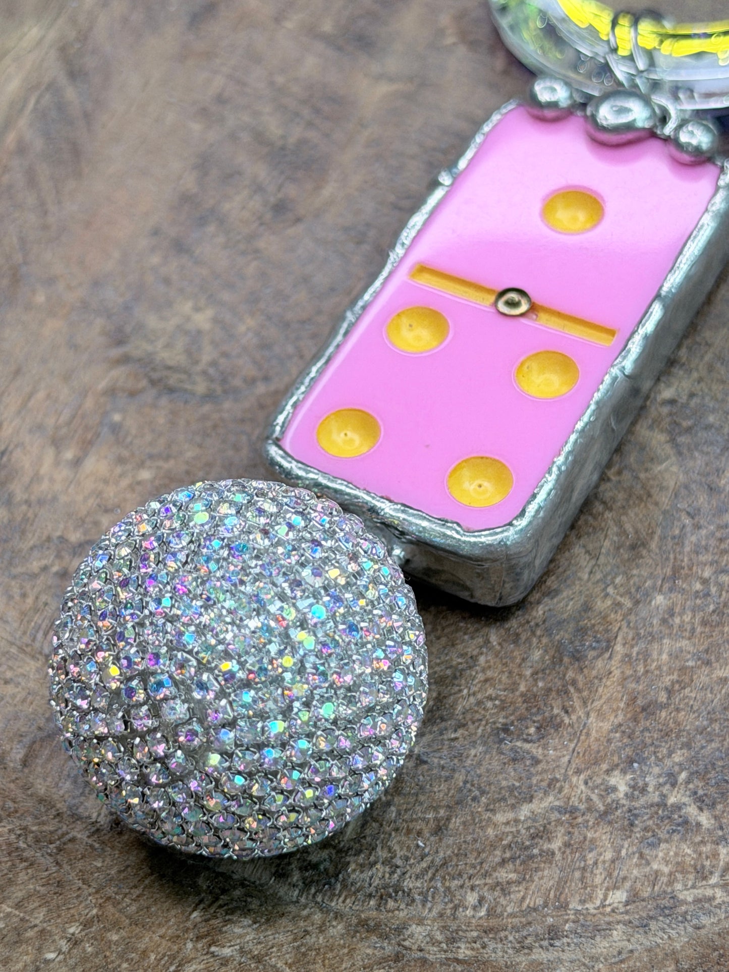 Pink Iridescent Domino and Disco Ball Necklace