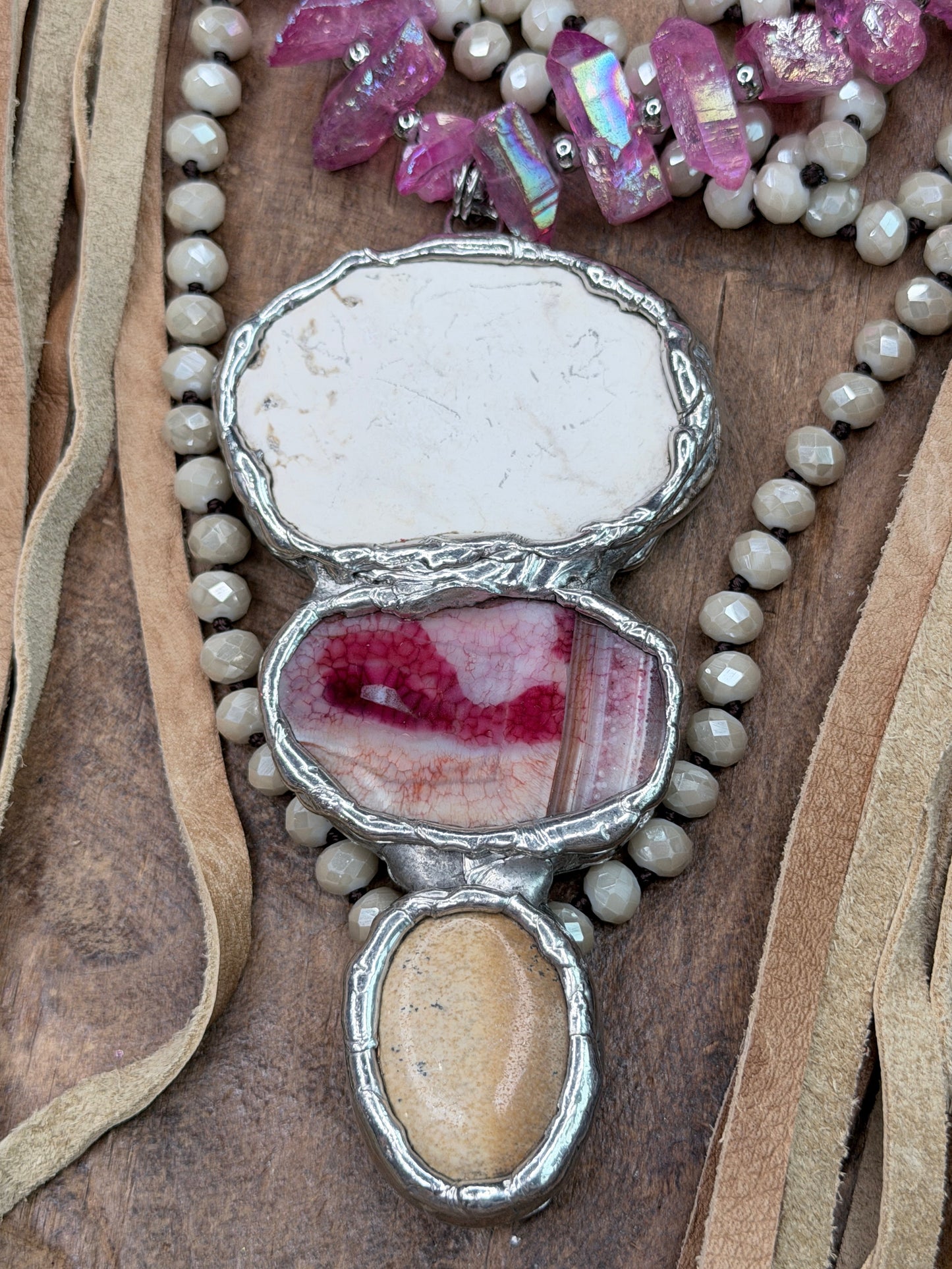 Chunky Soldered Howlite and Pink Agate Fringe Necklace