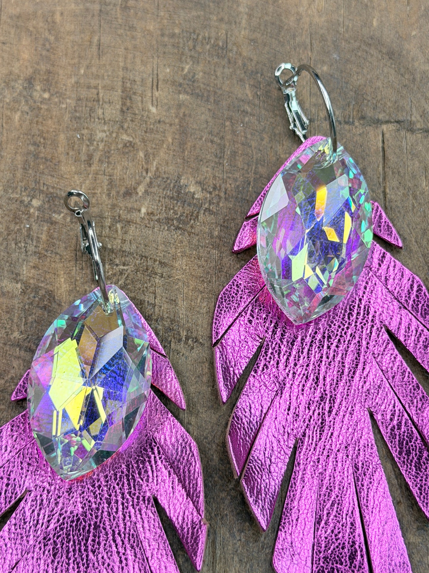 Rhinestone and Leather Feather Earrings (Hot Pink)