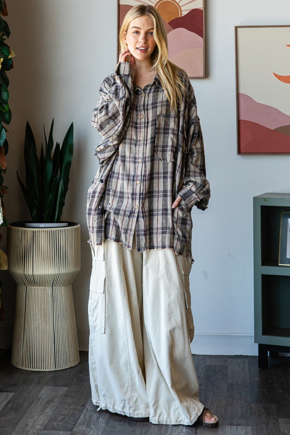 OLI & HALI WASHED PLAID BUTTON FRONT SHIRT GREY