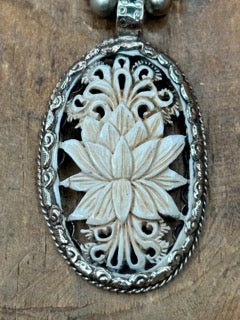 Tibetan Silver Bone Carved Lotus Flower Necklace