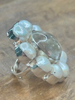 German Silver Clear Quartz and Pearl Ring B