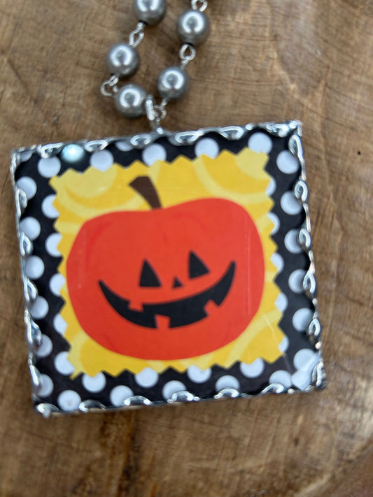 Soldered Jack O' Lantern on Yellow Background Necklace