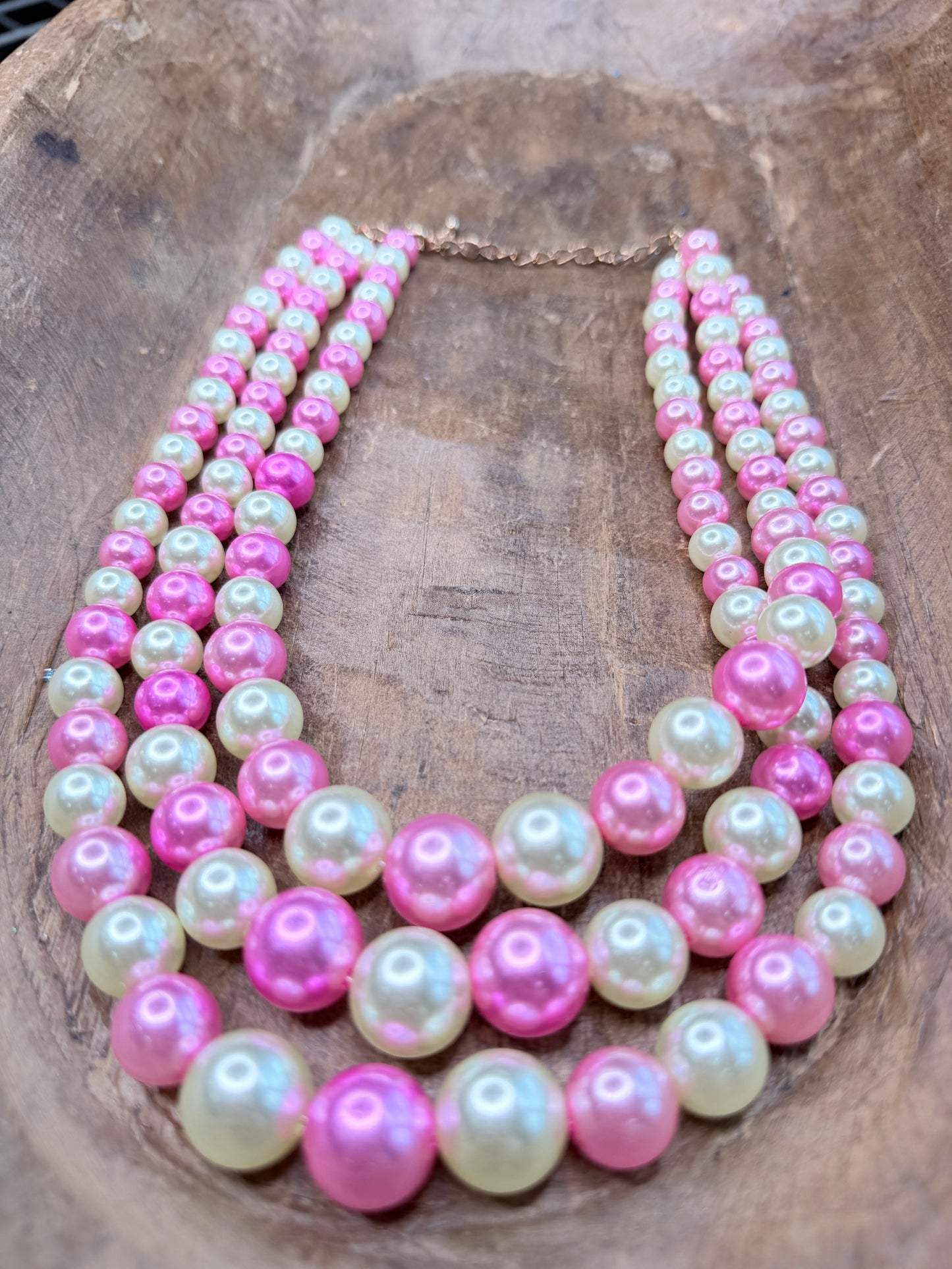 Three-Strand Pink and White Pearl Necklace
