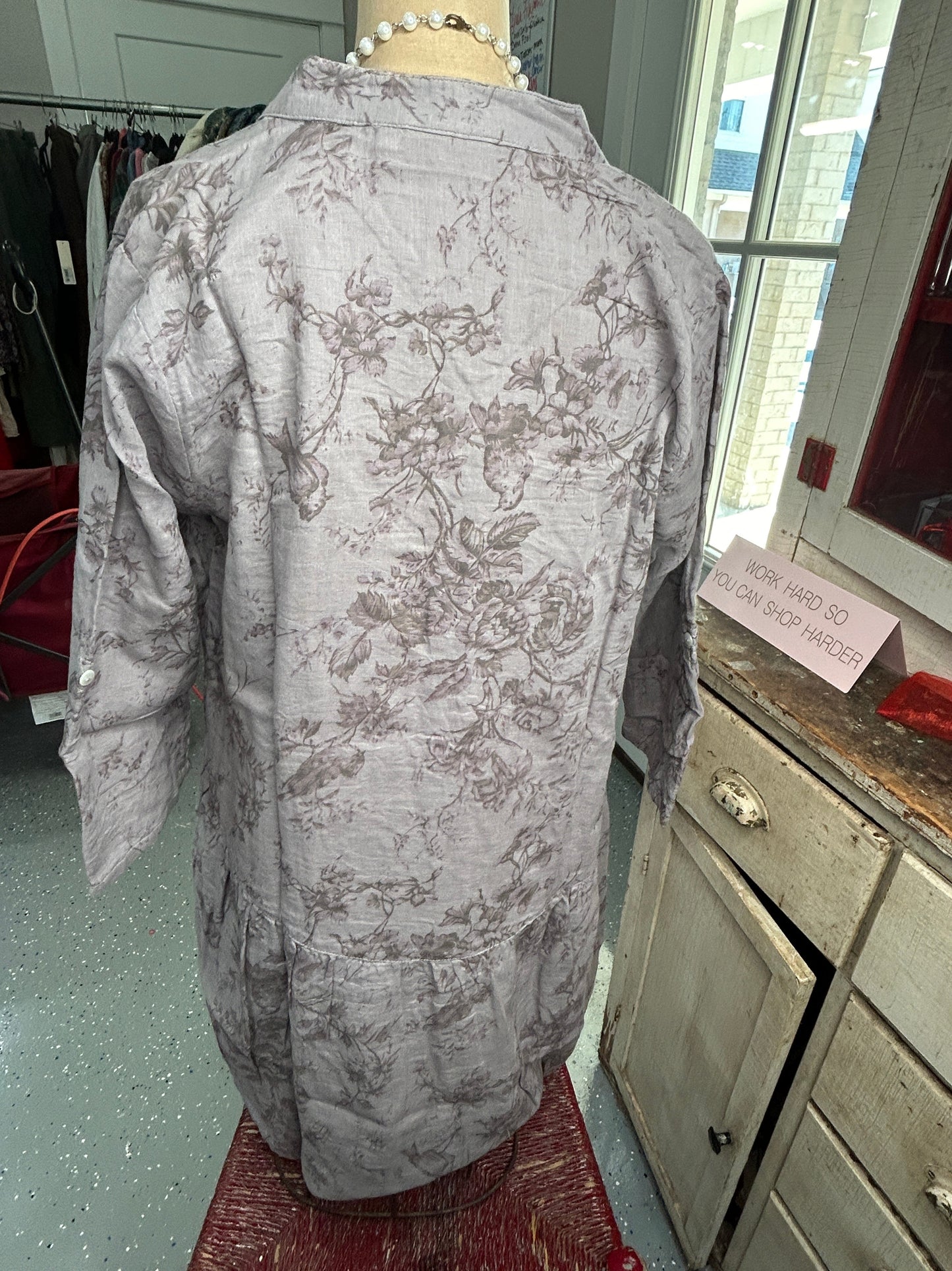 Paper Lace- Floral Button Down Linen Shirt (Grey)