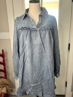 Easel- Washed Denim Ruffle Dress