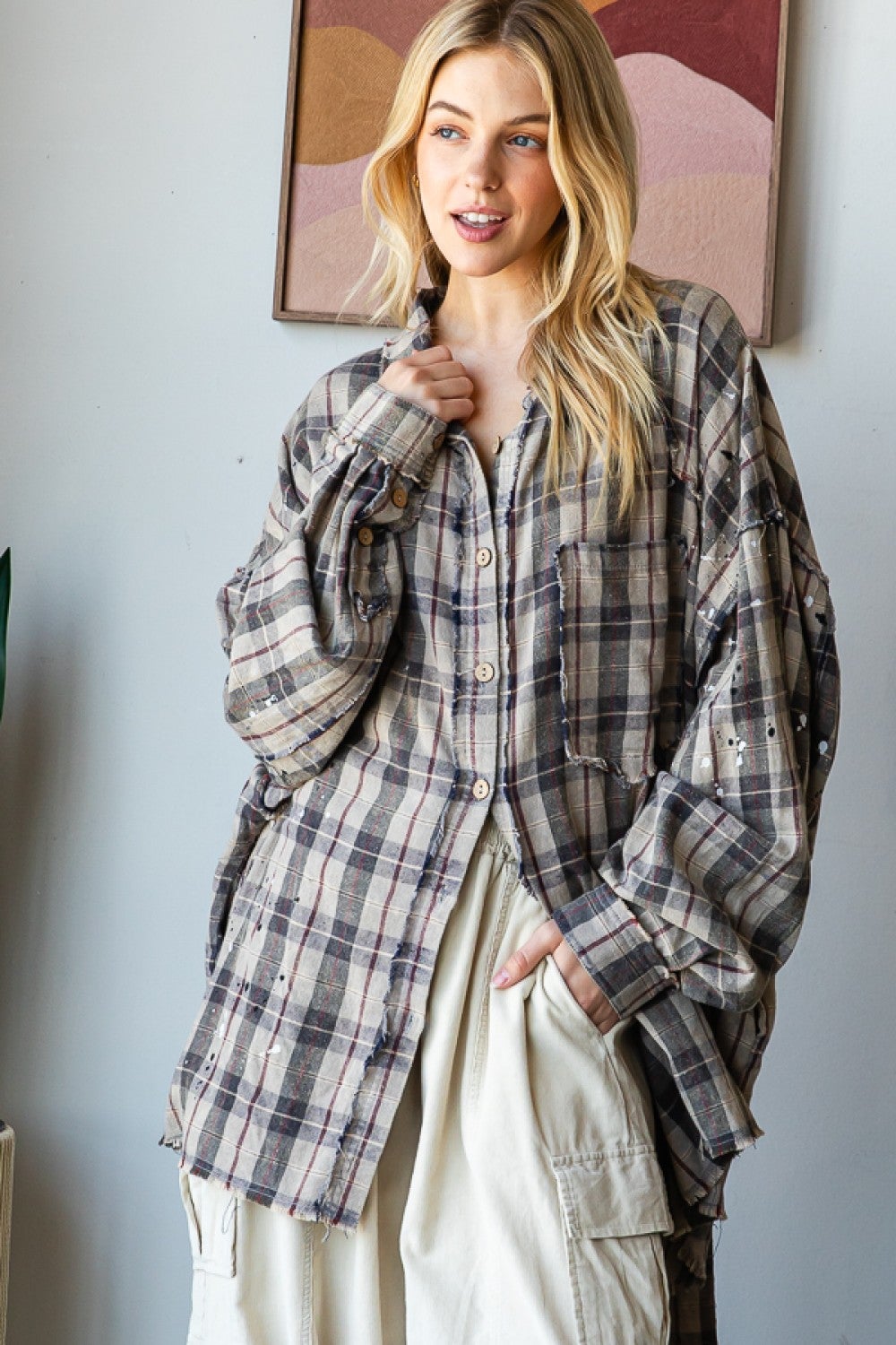 OLI & HALI WASHED PLAID BUTTON FRONT SHIRT GREY