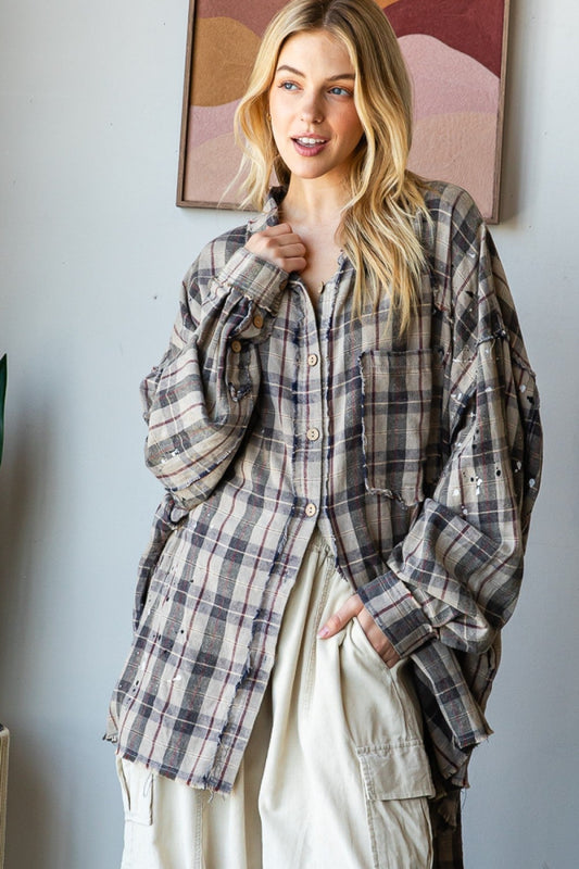 OLI & HALI WASHED PLAID BUTTON FRONT SHIRT GREY