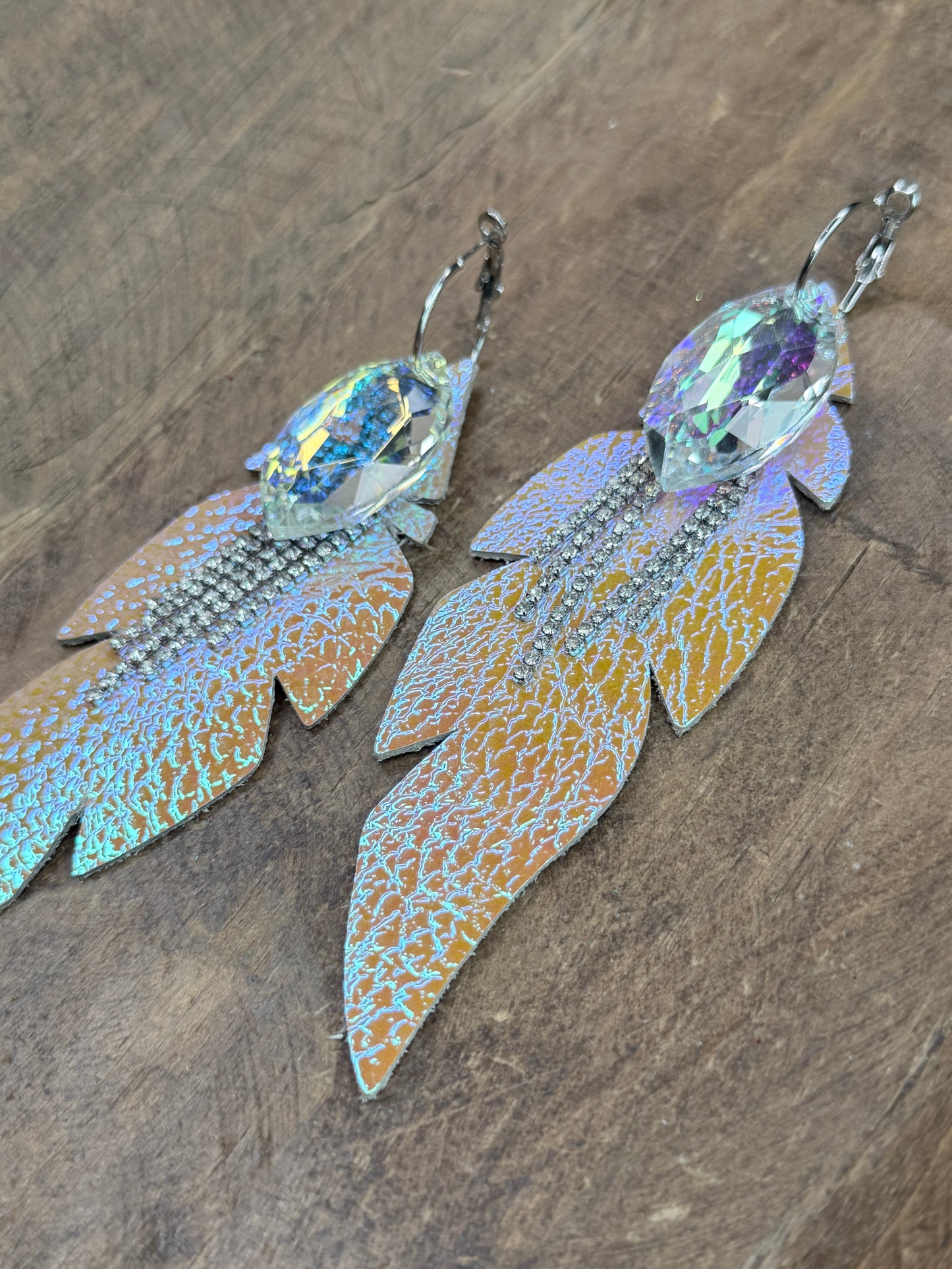 Rhinestone and Leather Feather Earrings (Yellow)