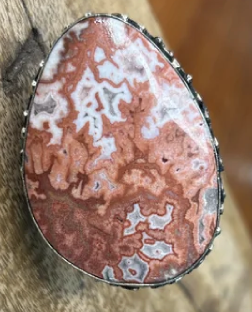German Silver Coral Lace Agate Ring