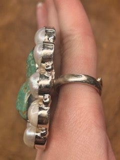 Natural Cut German Silver Pearl and Turquoise Ring B