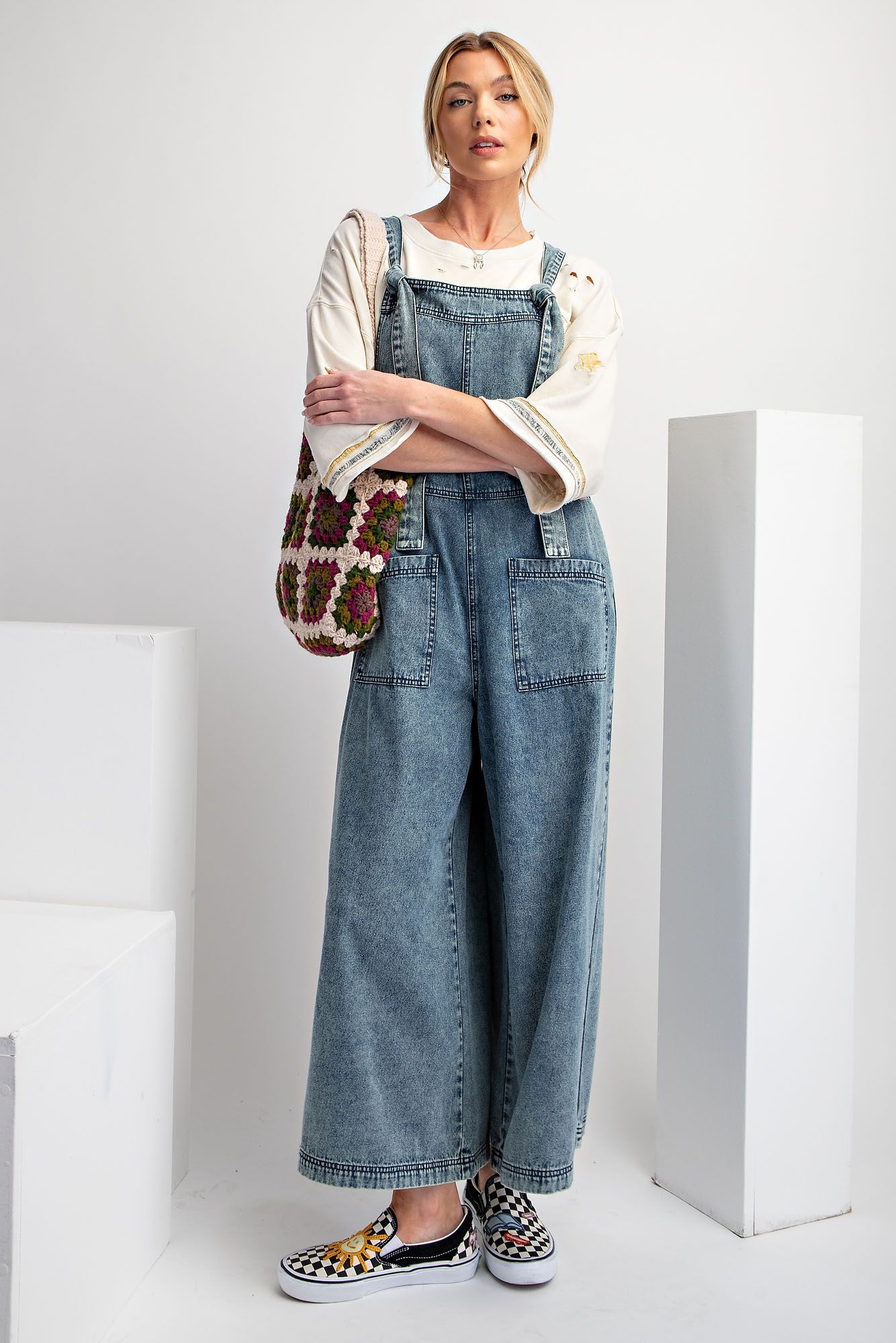 Easel- Stone Wash Wide Leg Overalls (Washed Denim)