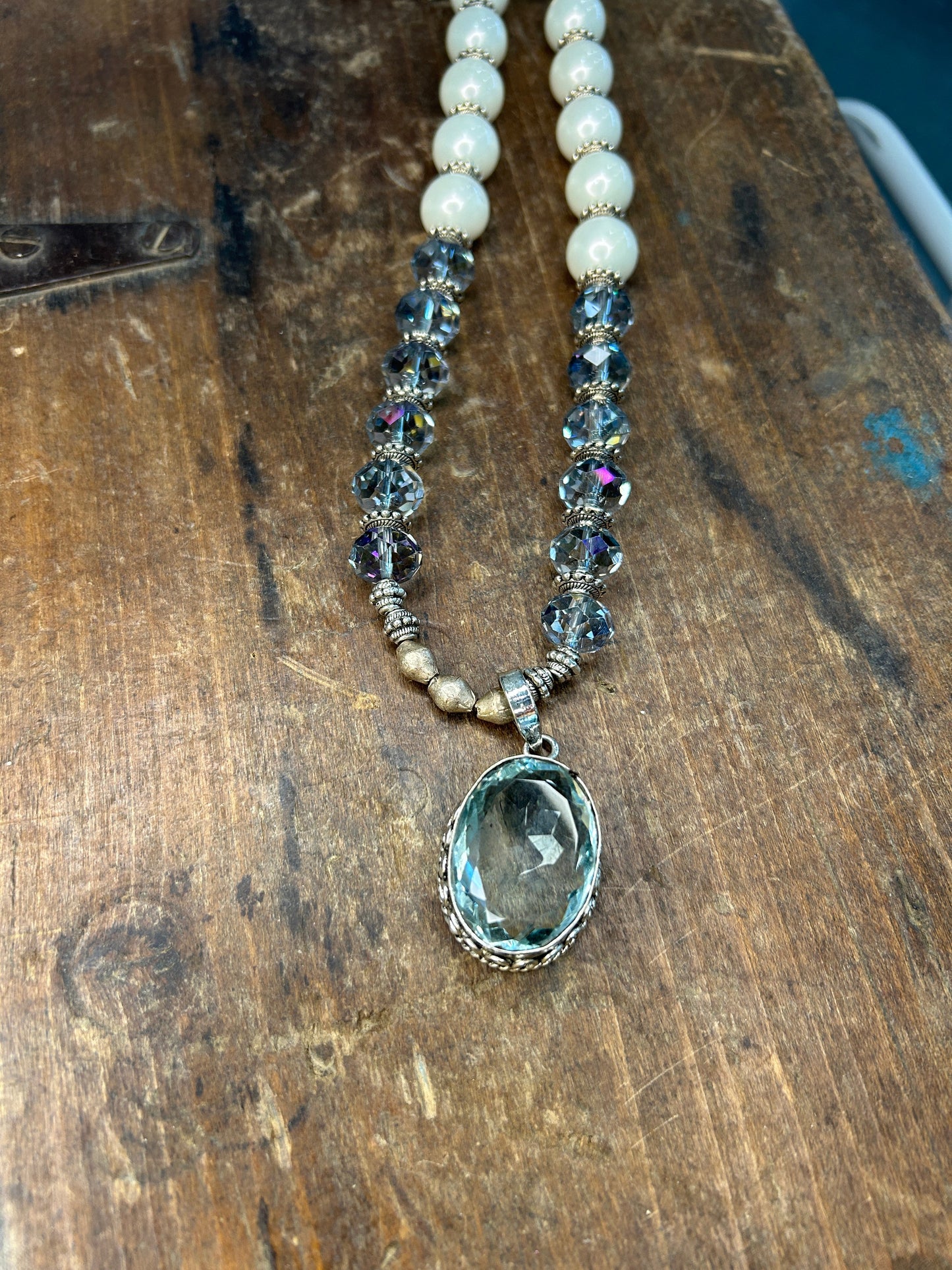 Rare Bird- Oval Blue Quartz, Crystal and Pearl Necklace (BLUE)