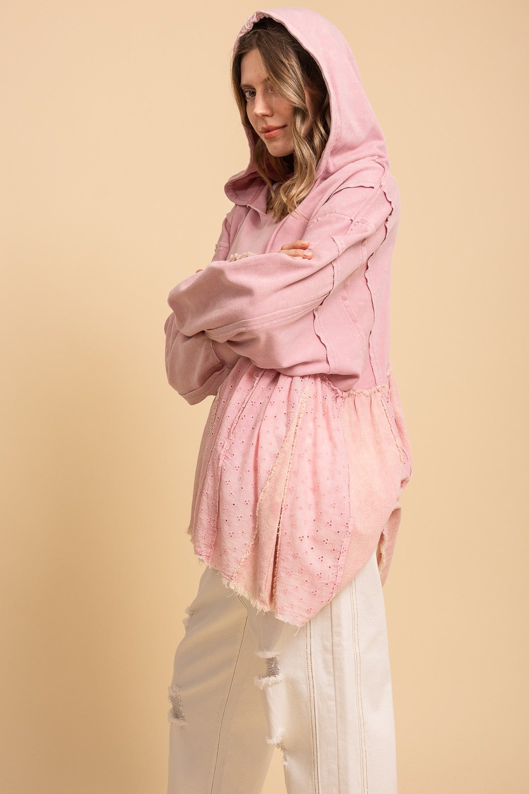 BlueVelvet- Washed Eyelet Ruffle Babydoll Hoodie (Pink) *Final Sale*