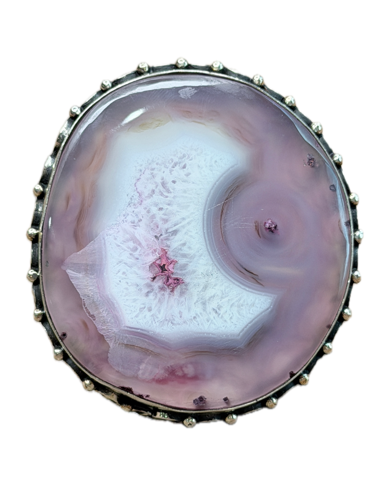German Silver Pink Banded Agate Circle Ring