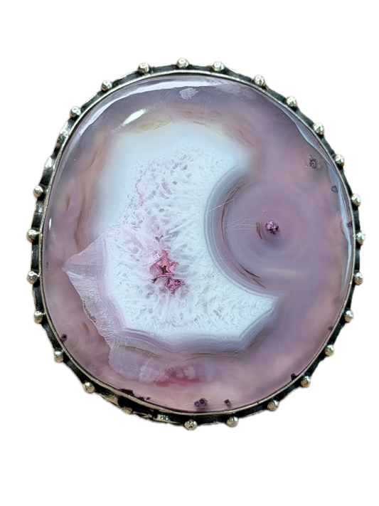 German Silver Pink Banded Agate Circle Ring
