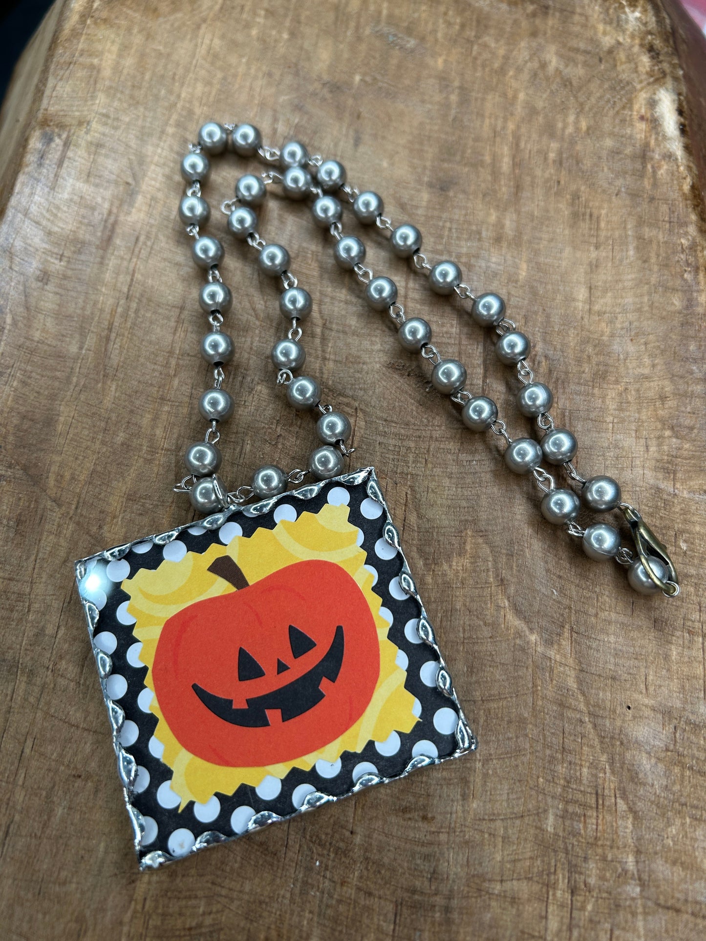 Soldered Jack O' Lantern on Yellow Background Necklace