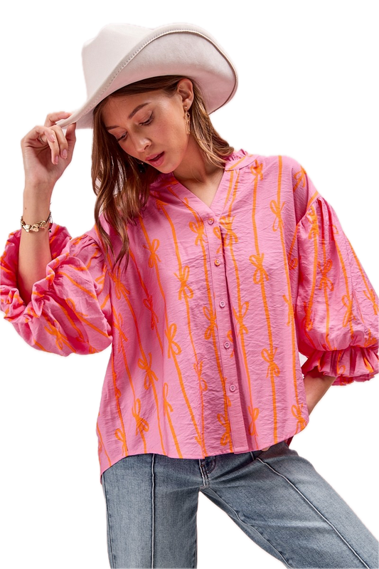 BiBi- Printed Bubble Sleeves Top (Pink Bow)