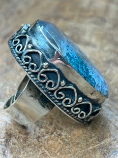 German Silver Blue Moss Agate Ring D