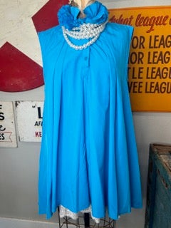 Blue Sleeveless Dress with Ruffle Neckline