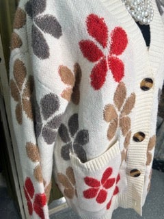 FINAL SALE Cream Sweater Cardigan with Flowers