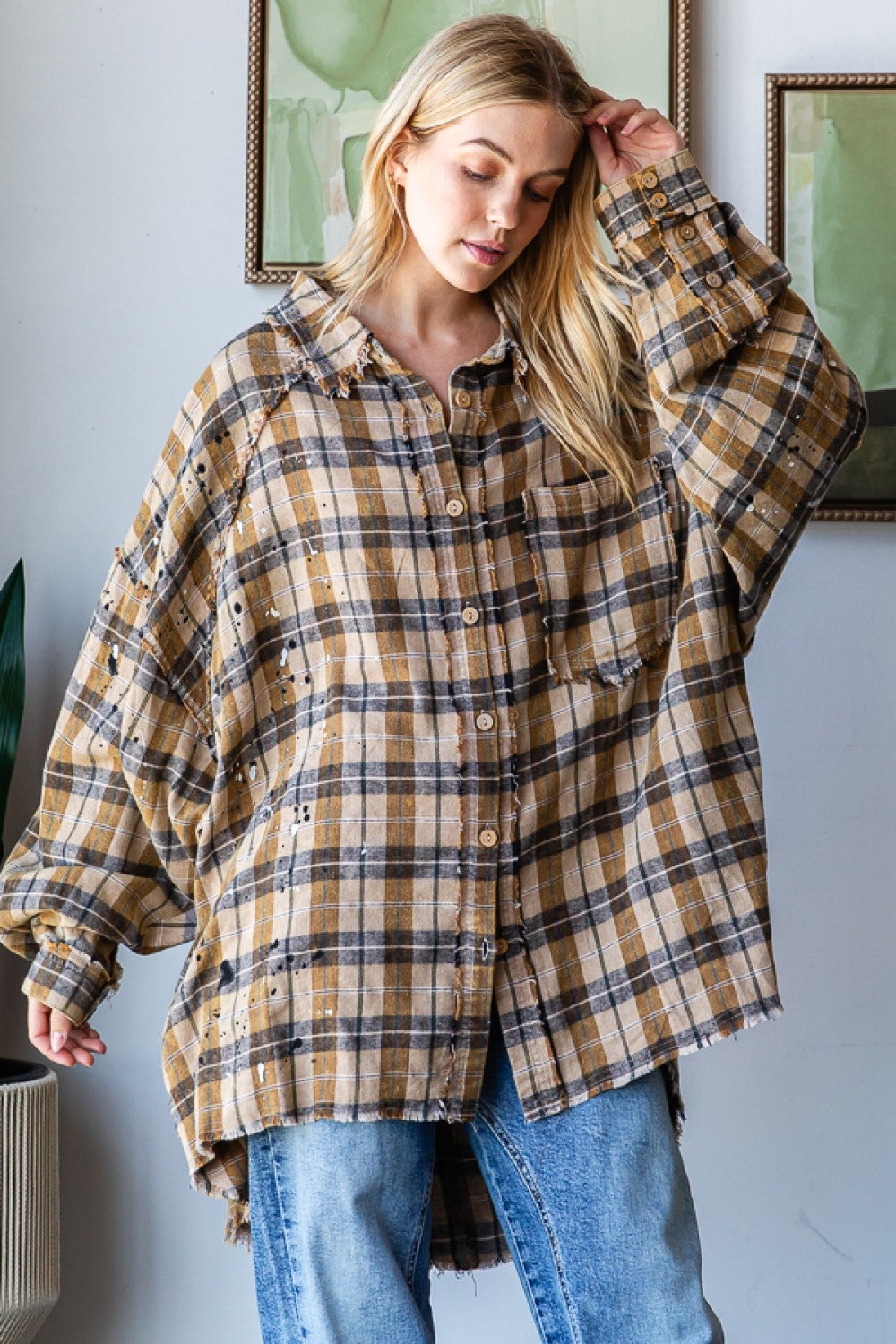 OLI & HALI WASHED PLAID BUTTON FRONT SHIRT GREY