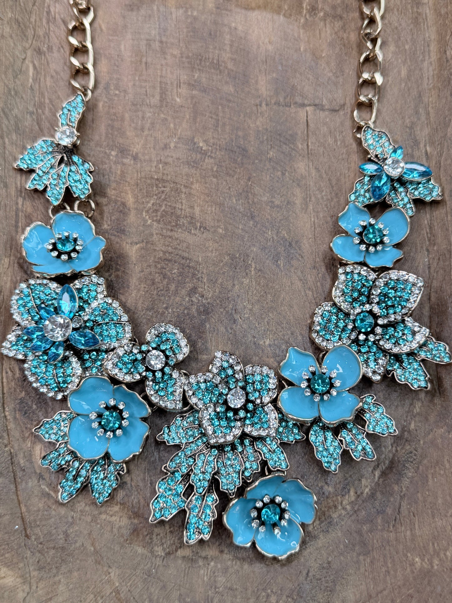 Blue Crystal Flower Statement Necklace