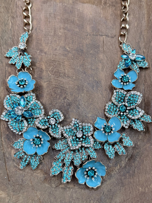 Blue Crystal Flower Statement Necklace
